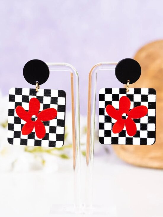 Elan Jewelry - Retro Mod Checkerboard Flower Earrings Black White Red Kitschy Graphic Dangle